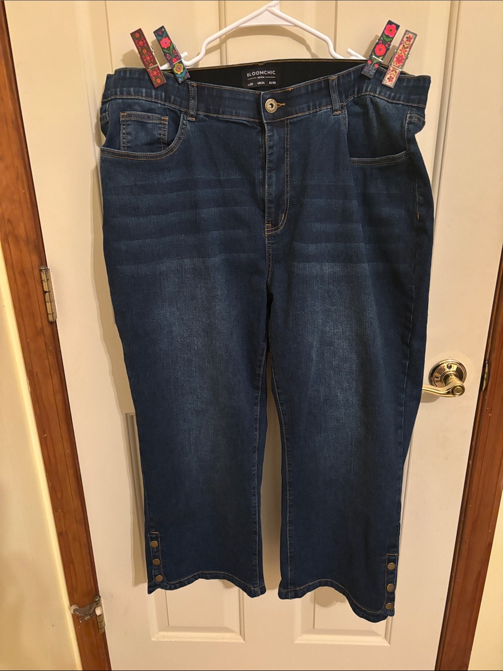 BloomChic Dark Blue Cropped Stretch Jeans with Hem Button Detail
